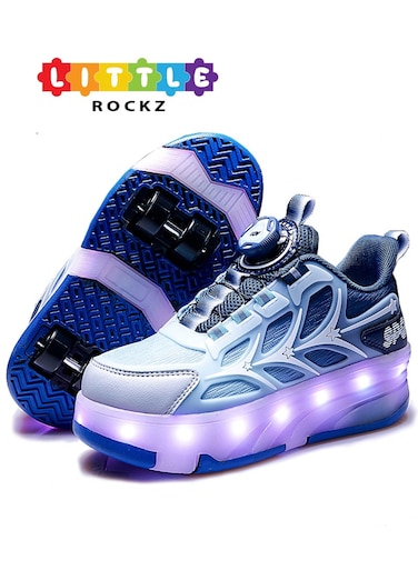 Little Rockz Kids Four Wheel Roller Skate Shoes Blue , Size 34 with Rechargeable LED Flash Light Lightning Sole Sneaker Skate Heelys Shoes