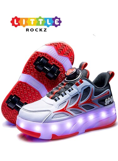 Little Rockz Kids Four Wheel Roller Skate Shoes Red , Size 28 with Rechargeable LED Flash Light Lightning Sole Sneaker Skate Heelys Shoes
