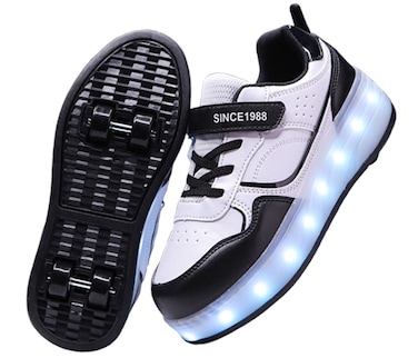 Little Rockz Kids Four Wheel Roller Skate Shoes, with Rechargeable LED Flash Light t Lightning Sole Sneaker Skate Heelys Shoes Black , Size 30