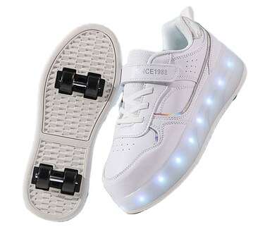 Little Rockz Kids Four Wheel Roller Skate Shoes, with Rechargeable LED Flash Light t Lightning Sole Sneaker Skate Heelys Shoes White , Size 36