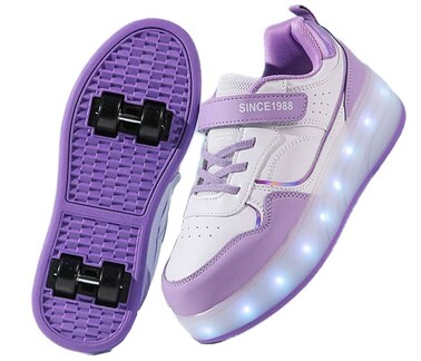 Little Rockz Kids Four Wheel Roller Skate Shoes, with Rechargeable LED Flash Light t Lightning Sole Sneaker Skate Heelys Shoes Violet , Size 38