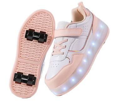 Little Rockz Kids Four Wheel Roller Skate Shoes, with Rechargeable LED Flash Light t Lightning Sole Sneaker Skate Heelys Shoes Pink , Size 32