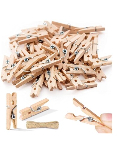 Mini Clothespins, Mini ClothesPins for Photo Natural Wooden Small Picture Clips for Crafts 1 Inch 300 PCS Tiny Pegs with Jute Twine String Decorative Wood Clips for Wall Hanging Pictures