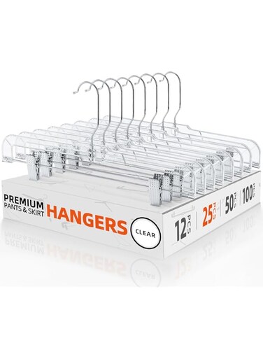 HOUSE DAY Skirt Hangers Pants Hangers with Clips Clear Plastic Pants Hangers with 2-Adjustable Clips Non-Slip Pants Hangers Space Saving for Closet Clip Hangers for Pant, Skirts, Shorts, Pack of 25