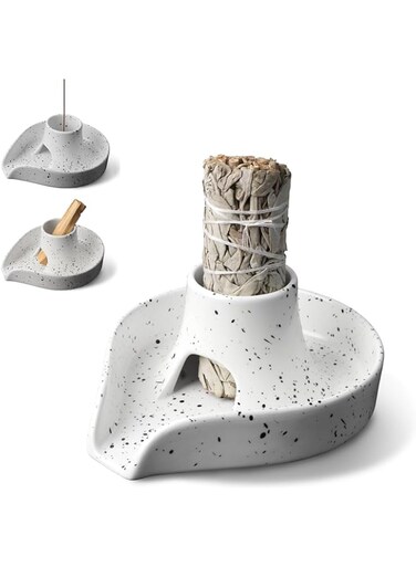 HBSTUDIO Palo Santo Holder, White Sage Smudge Holder,Smudge Stick Bowl Ceramics Burning Bowl for White Sage/Palo Santo Stick/Incense,Easy to Clean 3 in 1 White Sage Bundle Smudge Bowl, HB-404079