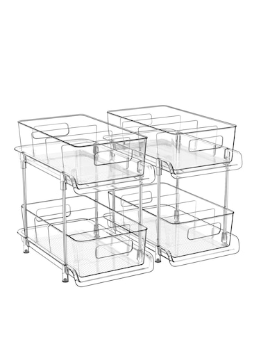 2 Tier Bathroom Storage Hanging Cabinet with Divider, Clear Under Sink Storage Hanging Cabinet and Storage Pullout for Bathroom, Kitchen, Pantry and Medicine Cabinet.
