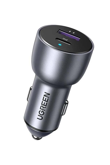 شاحن سيارة سريع ثنائي المنافذ من UGREEN بقدرة 52.5 واط، منفذ USB-C بتقنية PD بقدرة 30 واط ومنفذ USB-A بتقنية SCP بقدرة 22.5 واط، مناسب للأجهزة اللوحية والهواتف.