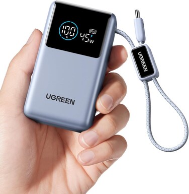 UGREEN Nexode Pro Power Bank 10,000mAh 45W(Xiaomi 55W Max), Compact Portable Charger, Built-in USB-C Cable, PD Super Fast Charging Battery Pack with Digital Display for Galaxy S25-22,iPhone 17-12,iPad