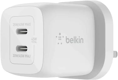 Belkin 45W Dual USB Type C Wall Charger, Fast Charging Power Delivery 3.0 with GaN Technology, USB C Charger for iPhone 16, 15, iPad Pro 12.9, 11, MacBook, Samsung Galaxy S24, Pixel And More
