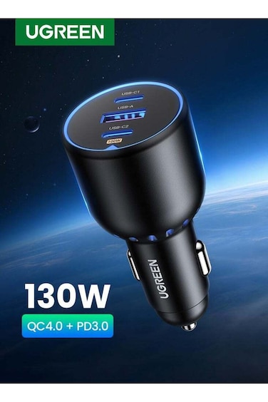 UGREEN 130W Car Charger 2C1A USB Power Adapter With LED - Compatible With MacBook, iPhone, Galaxy