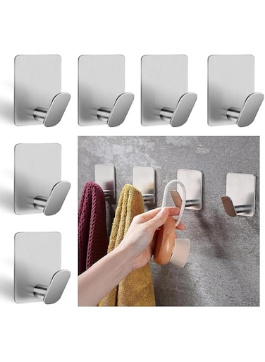 AVWOYKI 6 Pcs Self Adhesive Wall Hooks, Towel Hooks,Heavy Duty for Hanging Towels, Robes, Coats, Keys,Calendars, Stick on Bathroom/Room/Door/Kitchen SUS 304 Stainless Steel