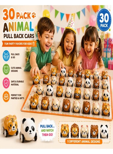 Birthday Popper Jungle Animal Mini Pull Back Cars Set of 30