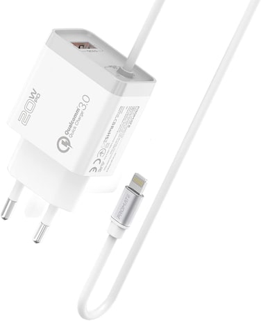 Promate iPhone Charger, Fast Charging 20W Power Delivery Wall Charger With 1.5M Lightning Cable, Quick Charge 3.0 USB Port And Adaptive Fast Charging For iPhone 12,12 Pro,Galaxy S21/S21+, White
