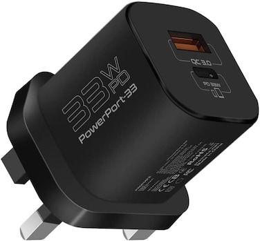 شاحن بروميت بقوة 33 واط بتقنية GaN، مزود بمنفذ USB-C بتقنية الشحن السريع Qualcomm QC 3.0 بقدرة 22.5 واط وحماية من الشحن الزائد لأجهزة USB-C وUSB، باوربورت-33 - أسود