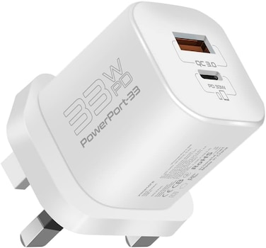 Promate GaN USB-C Charger, Ultra-Compact 33W USB-C Power Delivery Wall Charger with Fast 22.5W QC 3.0 Charging Port, Adaptive Smart Charging and Short-Circuit Protection, PowerPort-33 White