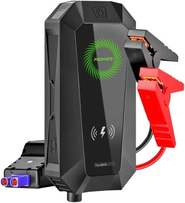 Promate Car Jump Starter Power Bank, 1500A Peak 19200mAh 12V Portable Jump Starter with Built-In 10W Qi Wireless Charger, Dual QC 3.0 USB Ports, Glass Breaker, LED Light and Smart Clamp, HexaBolt-20