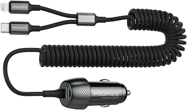 شاحن سيارة بروميت مع كابل، شاحن تيار مستمر عالمي بقوة 33 واط مع موزع مدمج 3 في 1 USB-C، وكابل شحن Lightning حلزوني، ومنفذ USB بتقنية الشحن السريع QC 3.0 لأجهزة iPhone 13 و Galaxy S22، أسود