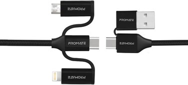 Promate 6-In-1 Multi Charging Cable, Lightning, USB-C, Micro USB Connectors to USB-A and USB-C Fast Sync Charging Cable Data Cord, 60W Type-C to Type-C Power Delivery for iPhone 15, PentaPower Black