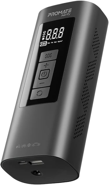 بروميت ضاغط هواء محمول، مضخة هواء 4 في 1 مع بنك طاقة 6000 مللي أمبير، ضغط 150 رطل لكل بوصة مربعة، ضوء ليد، وظيفة SOS، مطرقة أمان ونظام مراقبة ضغط الإطارات، للهواتف الذكية التي تعمل بمنفذ USB، وAerify