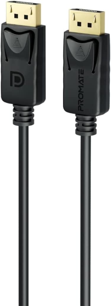 كابل Promate DisplayPort يدعم شاشة HD 8K بتردد 60 هرتز، ونطاق ترددي 32.4 جيجابت في الثانية، وكابل رفيع بطول 1.2 متر، باللون الأسود.