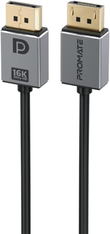 كابل Promate DisplayPort 2.0 يدعم دقة 16K عالية الوضوح بمعدل 60 هرتز، ونطاق ترددي 80 جيجابت في الثانية، وكابل رفيع بطول مترين، باللون الأسود.