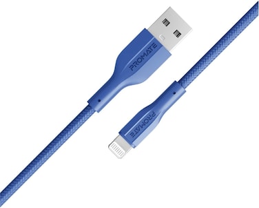 Promate USB-A To Lightning Cable, Durable 10W USB-A To Lightning Charger With 480 Mbps Data Transfer, 10000 Bend Test And 100cm Anti-Tangle Silicone Cord For iPhone 14, iPad, XCord-Ai Navy