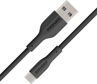 Promate USB To USB-C Cable, Durable Silicone Type-C Charging Cable With 2A Fast Charging, 480 Mbps Data Sync, 1m Anti-Tangle Wire And 10000 Long Bend Lifespan For Galaxy S22, iPad Air, XCord-AC Black