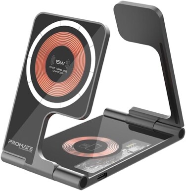 Promate Iphone 17 Charger,3-In-1 Ultra-Slim Transparent Foldable Charging Dock With 15W Magsafe Compatible 3W Apple Watch And 5W Airpods Pro Charger , Apple Watch 8 - Black