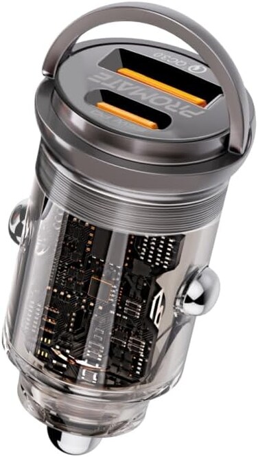 Promate Car Charger, Transparent 65W Ultra-Compact Car Adapter With USB Type-C Power Delivery Port, USB-A Port, Mini Handle And Heat Protection compatible For iPhone 17, Galaxy 23, TransDrive-65W