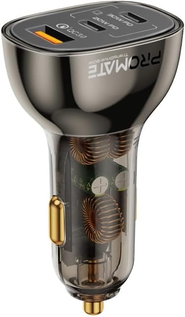 Promate Car Charger, Transparent 80W Fast Charge Multi-Port Car Adapter Dual USB Type-C Power Delivery Ports, QC 3.0 USB-A, Overheat Protection compatible For iPhone 17, Galaxy 23, TransDrive-80W.