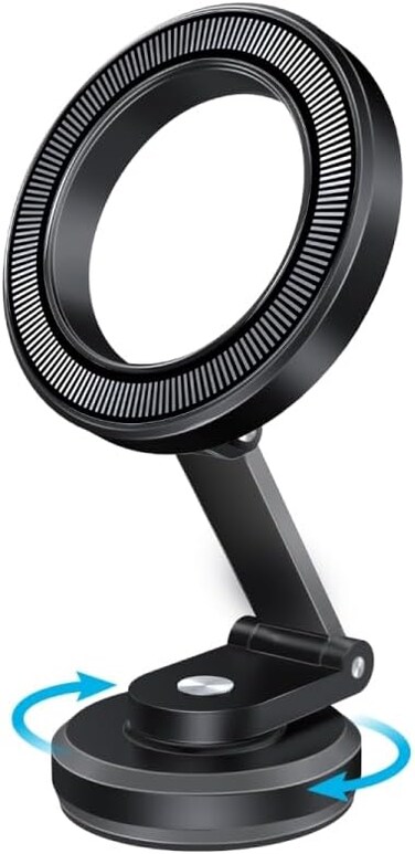 Promate Magnetic Car Phone Holder, Compact 360-Degree Rotatable Dashboard Car Phone Stand With Anti-Slip Grip, Cradleless Design, Foldable Arm And N52 Magnet For iPhone 17, Samsung S25 - Black