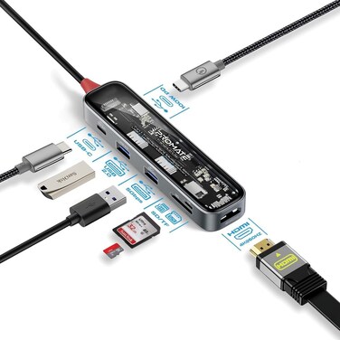 Promate TransHub-Lite USB-C Hub, 7-in-1 Multi-Display with 4K HDMI, 2TB SD/TF Card Slot, Dual 5Gbps USB-A, 100W USB-C PD for MacBook Pro, Dell Laptops