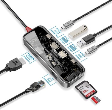 Promate USB-C Hub, 8-In-1 Transparent Multi-Display Hub With 4K HDMI, 1000Mbps LAN, SD/TF Card Slot, Dual 5Gbps USB-A Ports, USB-C Port, 100W USB-C Power Delivery For MacBook Pro, Dell, Black
