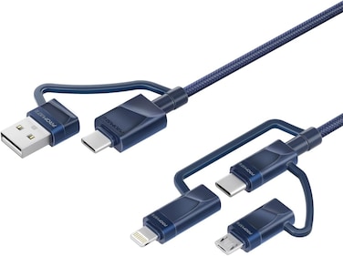 Promate 6-In-1 Multi Charging Cable, 20V 3A Lightning, USB-C, Micro USB Connectors to USB-A and USB-C Fast Sync Charging Cable Data Cord With 60W Type-C to Type-C Power Delivery Cable, Navy Blue