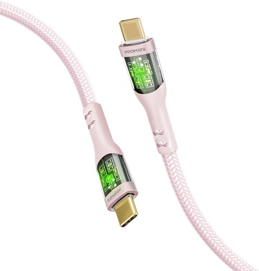 Promate USB-C Charging Cable, Stylish Transparent Shelled Type-C Cable With 60W Fast Power Delivery, 480Mbps Data Transfer And Durable 120cm Nylon Braided Cord, TRANSLINE-CC.PINK