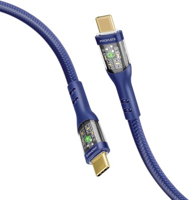 Promate USB-C To USB-C Cable, 60W Power Delivery Type-C Cable With Transparent Shells, 480Mbps Data Sync And 200Cm Nylon Braided Cord For iPhone 17, Galaxy S25, Macbook Pro M3 - Navy
