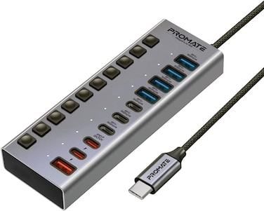 Promate 10 In 1 USB-C Multiport Hub, 3 USB-C And 4 USB-A Ports With 5Gbps Data Transfer, Fast Charging USB-C And USB-A Ports, 20W USB-C PD Port With Individual Power Switches And Plug and Play, Grey