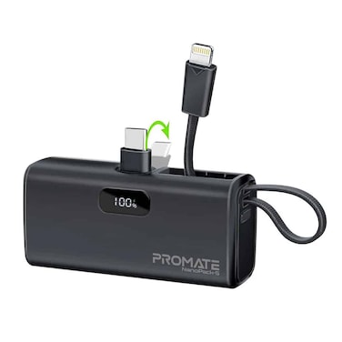 Promate NanoPack-5 5000mAh Pocket-Sized, Fast Charging Power Bank - Black