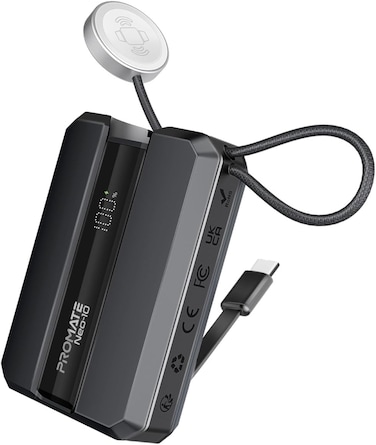 Promate Universal 10000mAh Ultra-Compact Portable Power Pack with Built-In 30W USB-C Cable, USB-C Power Delivery Port, Apple Watch Charger, LED Display and Charge Protection, Neo-10 (Grey)