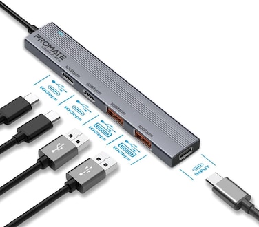 موزع بروميت متعدد الشاشات 4 في 1، مزود بمنفذي USB-A ومنفذي USB-C بسرعة نقل بيانات تصل إلى 10 جيجابت في الثانية، ومدخل طاقة USB-C بقدرة 15 واط، وتصميم صغير الحجم، وموصل USB-C مدمج، باللون الرمادي.