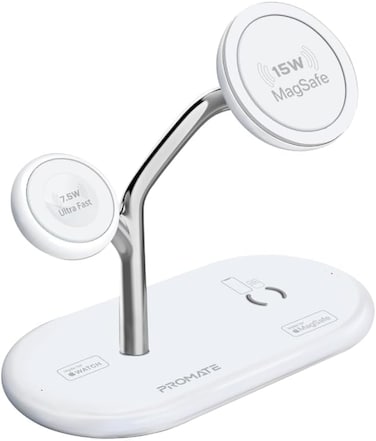 Promate Magsafe Charging Station With 15W MFM Charging Stand, 7.5W Mfi Watch Charger, 10W QI Charging Pad, And Super Charge 24W USB-C Power Delivery Port, For Airpods , iPhone, Synergy-Pro - White