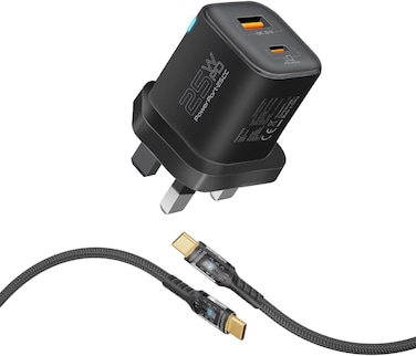 شاحن جداري ثنائي المنافذ Promate PowerPort-25CC بقوة 25 واط مع كابل USB-C بقوة 60 واط، يدعم الشحن السريع PD و QC 3.0 لأجهزة iPhone 15/16/17 و Samsung S26/S25، أسود