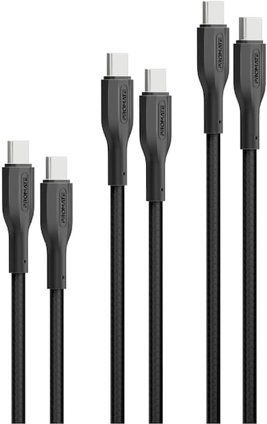 Promate Pack Of 3 USB-C To USB-C Cables, Ultra-Fast Triple Type-C Sync &amp; Charge Cables With 60W Power Delivery, Versatile Lengths (0.3m, 1.2m, And 2m), 25000+ Bend Test, Tangle-Free Cords, CableKit-CC