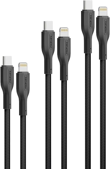 Promate Pack Of 3 USB-C To Lightning Cables, Ultra-Fast Triple Lightning Sync &amp; Charge Cables With 27W PD, Versatile Cord Lengths(0.3m, 1.2m, 2m) 25000+ Bend Test, And Tangle-Free Wires, CableKit-Ci