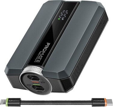Promate Power Bank, Universal 10000mAh Ultra-Compact Battery Charger, With Double-Ended Type-C To Lightning Cable, USB-C And Lightning Ports, 30W Fast Charging, LED Display, Neo-10Uni Grey