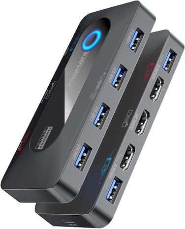 Promate KVM Switch Selector with USB Hub, Four 5Gbps USB-A 3.0 Output Ports Switched To The Selected Input, Dual 4K HDMI Inputs, HDMI Output, Input Toggle Button, Included Cables, Black