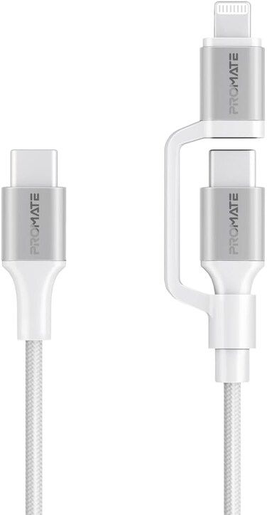 Promate 3-in-1 MFI Lightning and USB-C Cable with Interchangeable Connectors,60W USB-C Output,27W Lightning Output, 480Mbps Data Transfer, Sync &amp; Charge, Tangle-Free Nylon Braided, PowerLink-CCi White