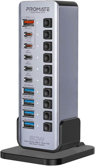 Promate 14-In-1 Multiport 60W USB-C Tower Hub, 3 5Gbps USB-C&acirc;&bdquo;&cent; Ports, 4 5Gbps USB-A&acirc;&bdquo;&cent; Ports, 2 Ultra-Fast Charging PD48W USB-C 3.0 Port, Fast QC 3.0,On/Off Switches, Plug and Play, Grey