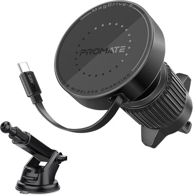 Promate 15W MagSafe Magnetic Wireless Car Charger, Fast and Safe Charging with Retractable Cable Black