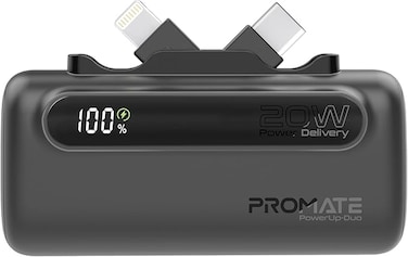 Portable Power Bank Mini with 20W USB-C In/Out Foldable Connector, 12W Lightning Foldable Connector, Ultra-Fast 20W USB Port PowerUp-Duo Black